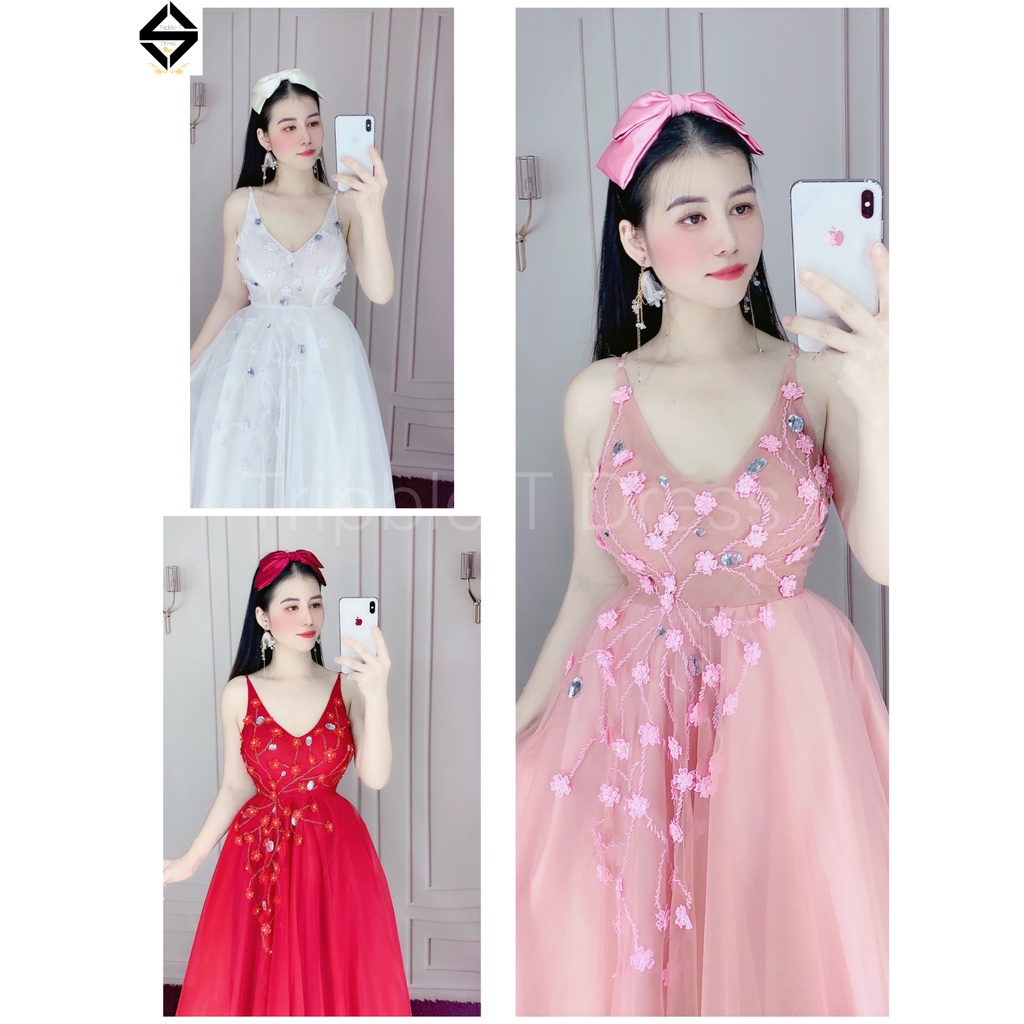Đầm dự tiệc 2 dây kết cườm và hoa mai nổi TRIPBLE T DRESS - size M/L - MS301V