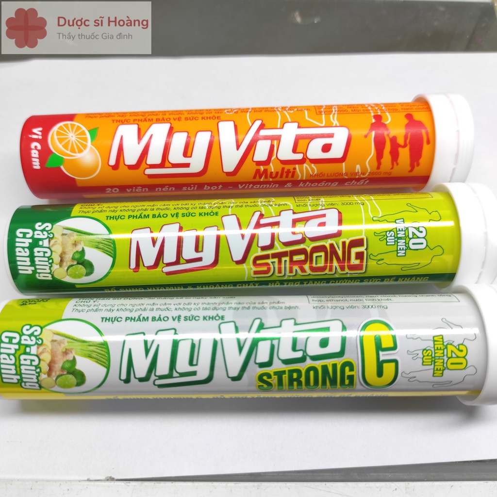 Viên Sủi Myvita Strong C &amp; Strong 250mg vitamin C (xả - chanh - gừng) vs Myvita Multi Cam tuýp 20 Myvita Cam