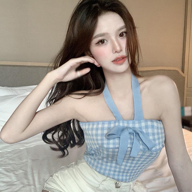 Áo Croptop dệt kim hai dây họa tiết caro đính nơ dáng ôm trẻ trung cho nữ