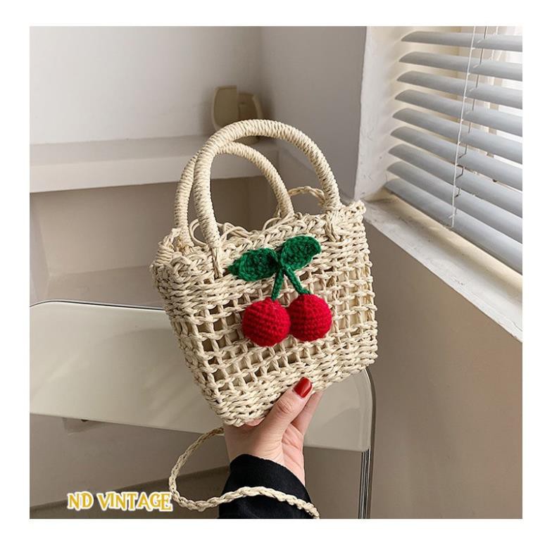 Túi Cói Đi Biển Đeo Chéo, Gắn Quả Cherry, Có Dây Rút Giữ Đồ, Shop Tặng Kèm Nơ Xinh Xắn | BigBuy360 - bigbuy360.vn
