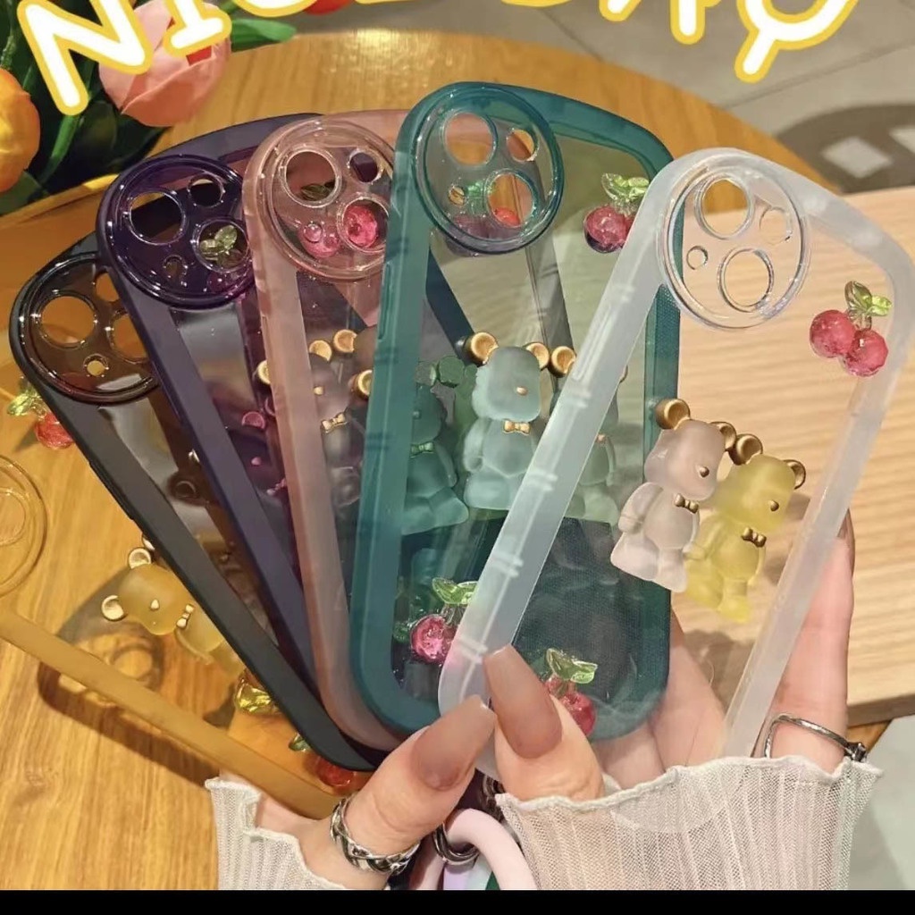 Ốp Điện Thoại Ba Chiều Họa Tiết Gấu Cherry Kèm Dây Đeo Cho iphone 12 13 11 Pro Max X Xs Max Xr Htc6