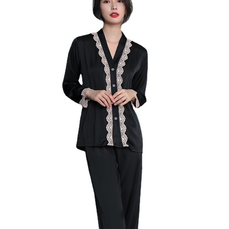 Bộ Đồ Ngủ Tay Dài Vải Lụa Phối Ren Thời Trang Sang Trọng Quyến Rũ Cho Nữ