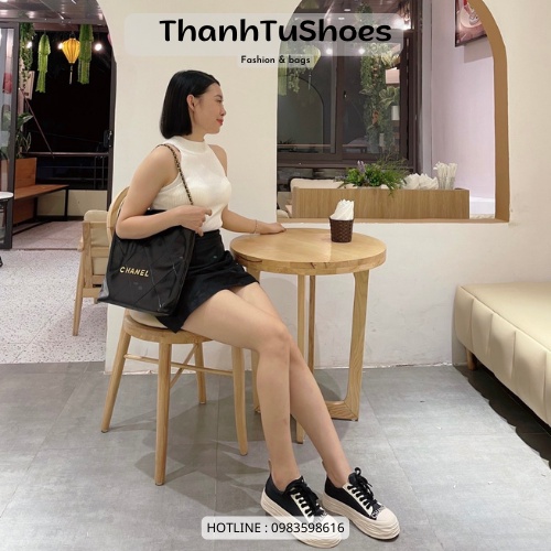 Giày Thể Thao Nữ Đen Phối Kem Đế 4cm Hàng Cao Cấp Full Box