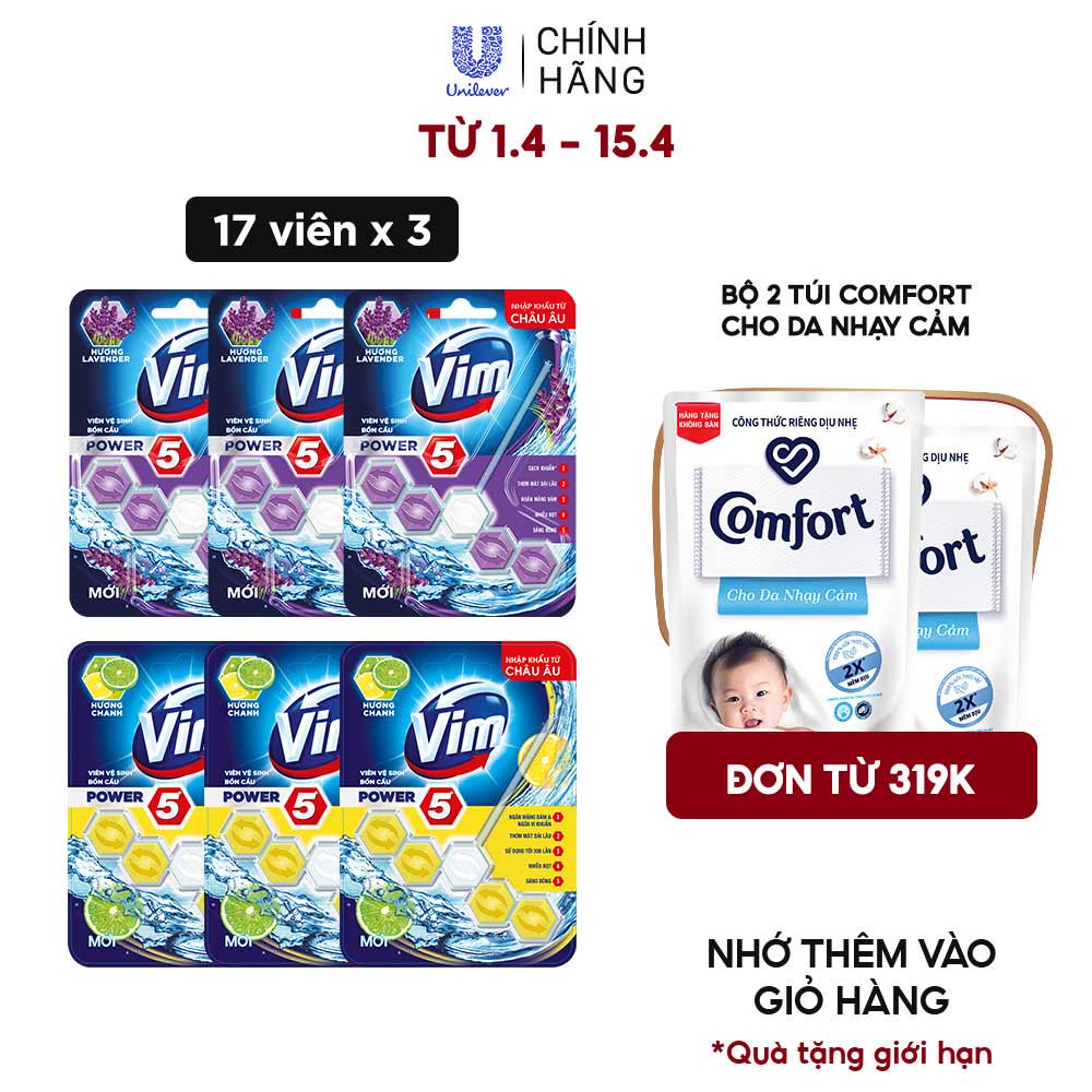 Combo 3 Viên Tẩy Bồn Cầu Vim Power 5 Sạch Khuẩn Thơm Mát (55g/viên)