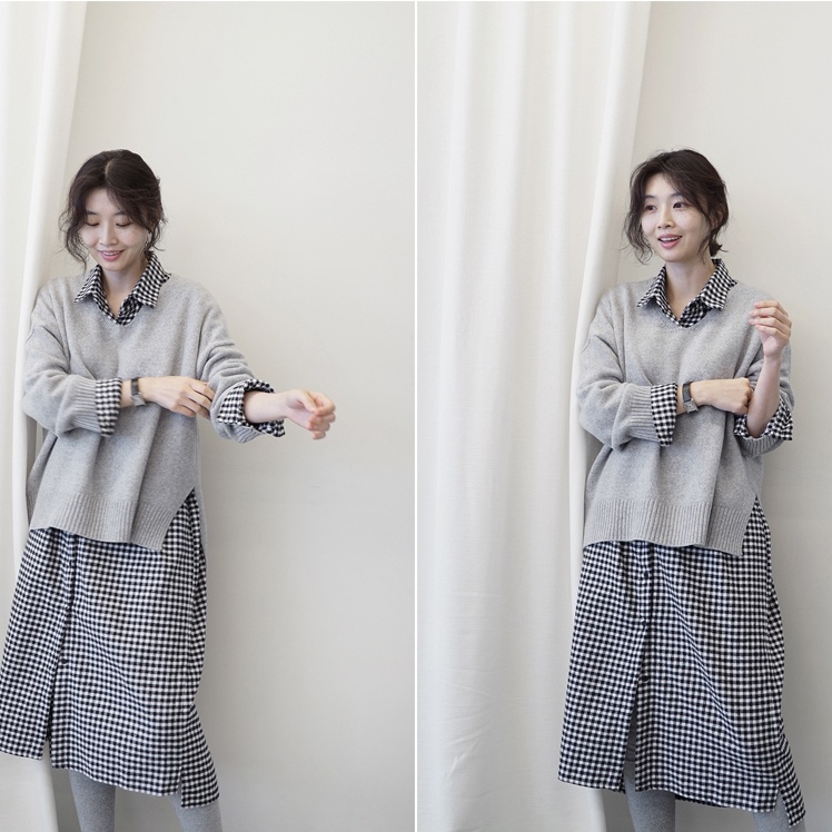 SUXI Áo Sơ Mi Tay Dài Dáng Rộng Họa Tiết Caro Phong Cách Hàn Quốc Thời Trang Cho Nữ