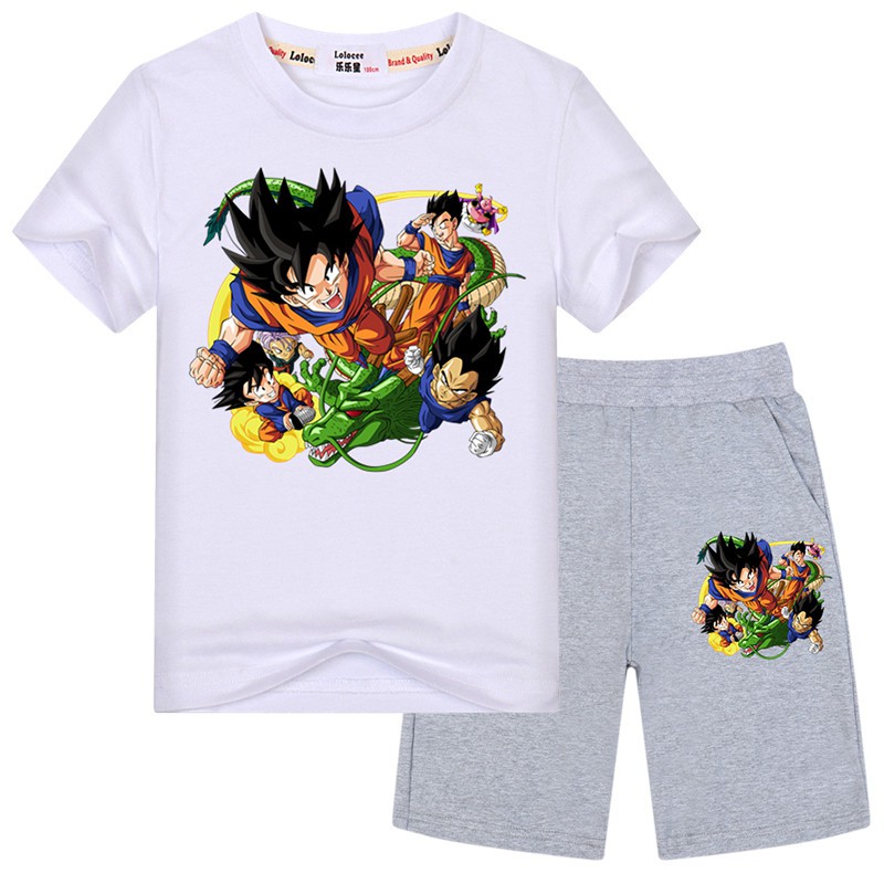 Bộ Áo Thun Ngắn Tay In Hoạt Hình Dragon Ball + Quần Short Cho Bé Trai