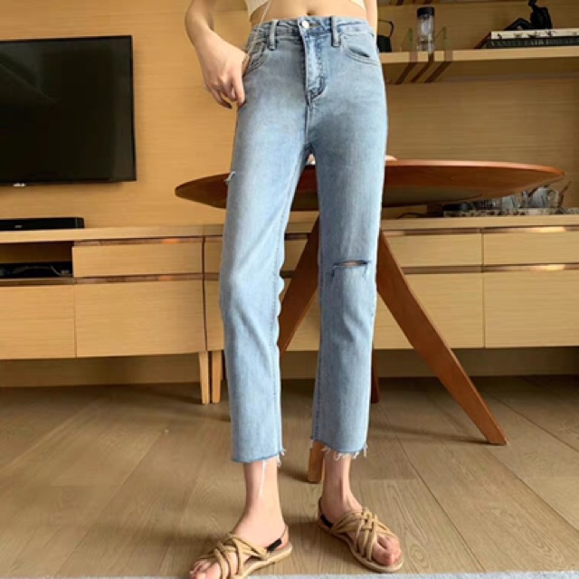 Quần slim baggy jeans lưng cao rách sườn ver.2 form ulzzang kèm ảnh thật hàng sẵn