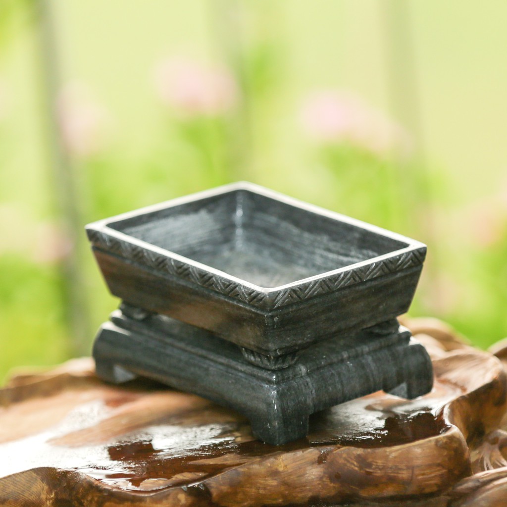 Chậu đá đen đục chạm tay nguyên khối chữ nhật chân đôn dời trồng bonsai mini, KT: 12.5x8.5x6.5