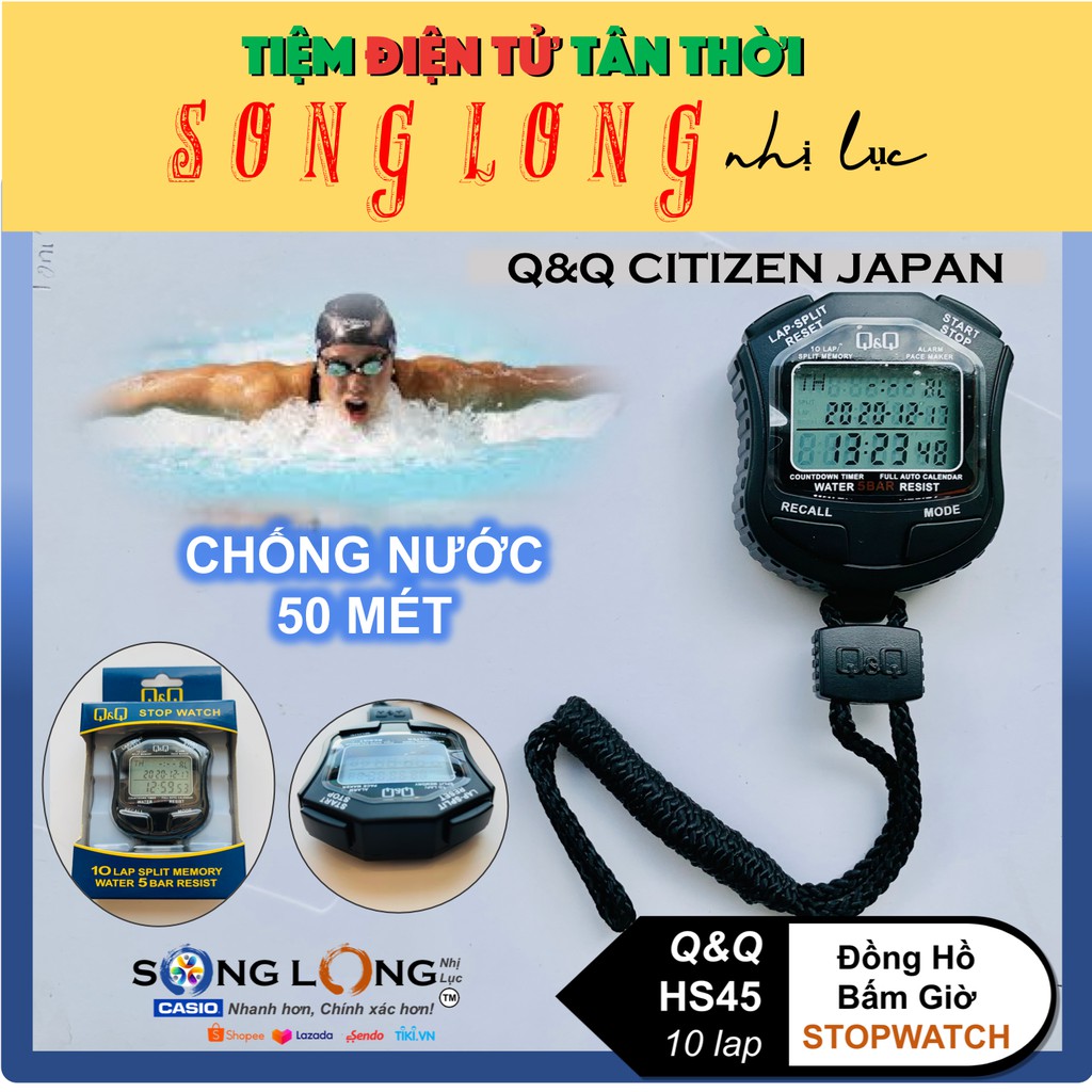 Đồng Hồ Bấm giờ Q&Q HS-45 – 10 lap –Chống thấm nước đến 50 met, Chuyên dùng trong Thể Thao- Đồng Hồ Q&Q Citizen Chính Hã