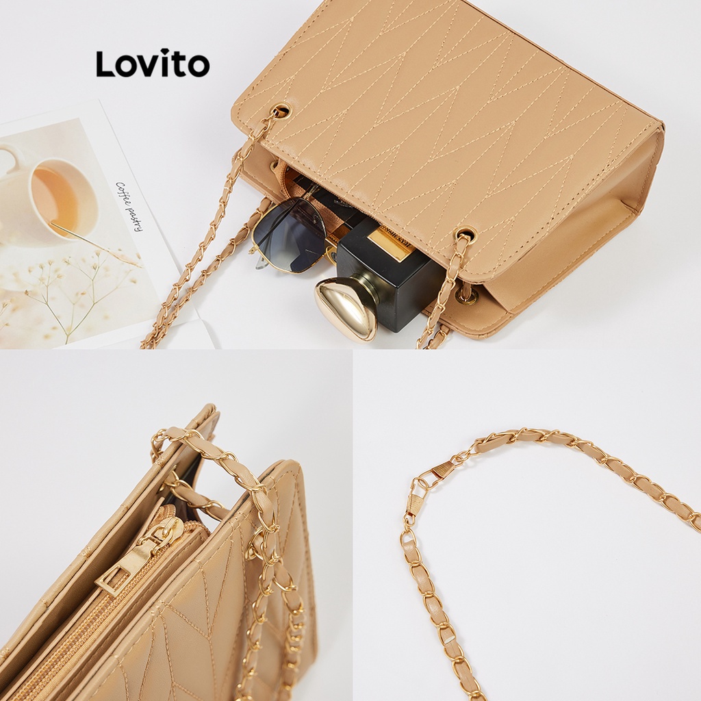 Lovito Thanh lịch Trượt chần gòn Dây kéo Hình vuông Hình dạng Chuỗi Túi vuông L244BA07 (Đen / Trắng / Trắng / Kaki)