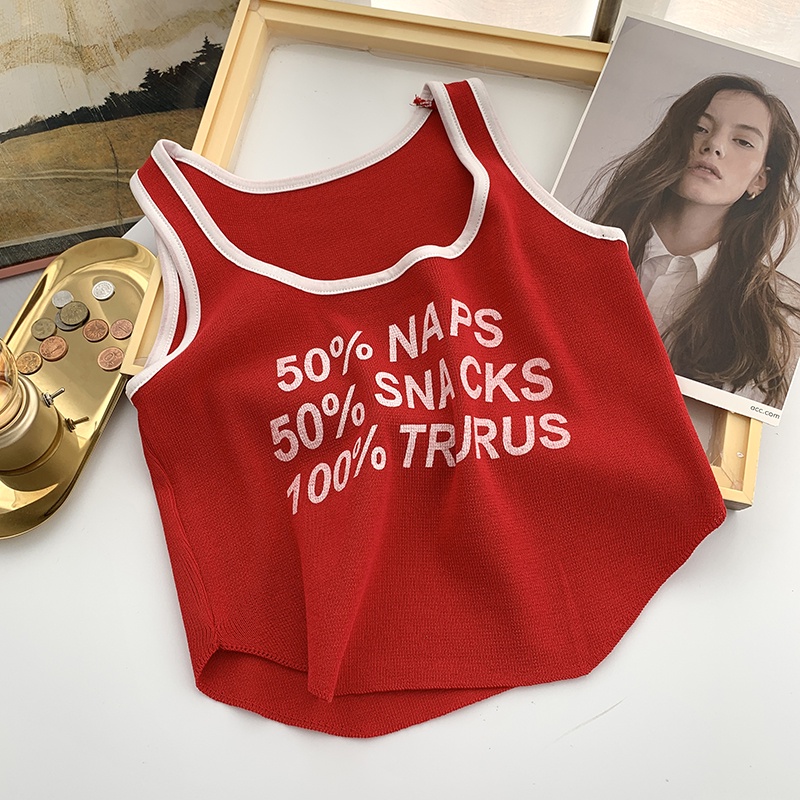 NUZIRO  Áo dệt kim  không tay dáng ôm in chữ phong cách Hàn Quốc dành cho nữ