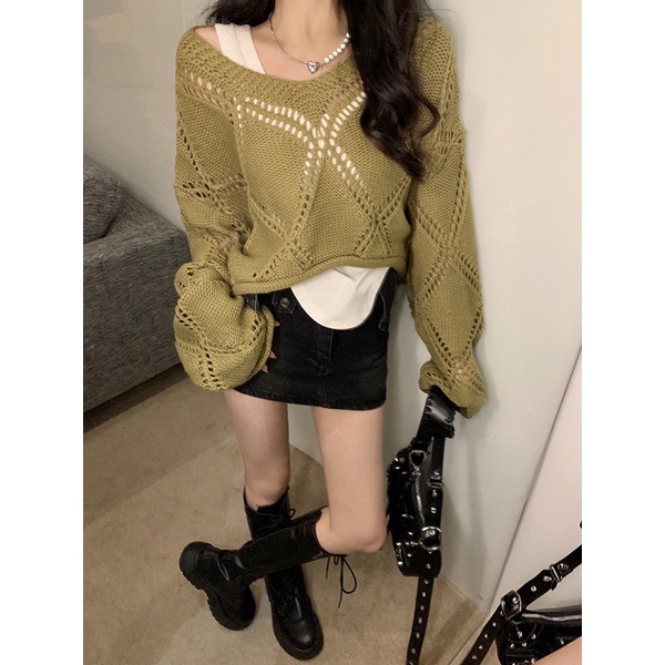 Cả sét Áo Sweater Dệt Kim Tay Dài Dáng Rộng Cổ Chữ V Khoét Rỗng Thời Trang Mùa Thu Cho