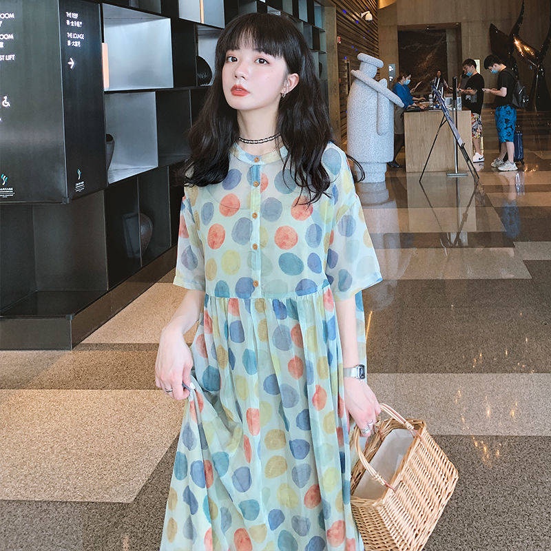 Váy babydoll Đầm Voan Dáng Rộng Lưng Cao Họa Tiết Chấm Bi Thời Trang Mùa Hè Hàng Mới 2021 Dành Cho Bạn Nữ