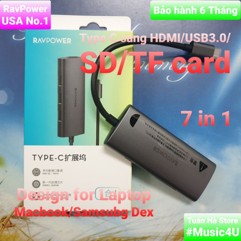 Bộ cáp chuyển đổi Hub 7 in 1 USB Type C to sang HDMI 4K VGA USB3.0 PD Vention Ravpower Aukey cho Samsung dex  Macbook