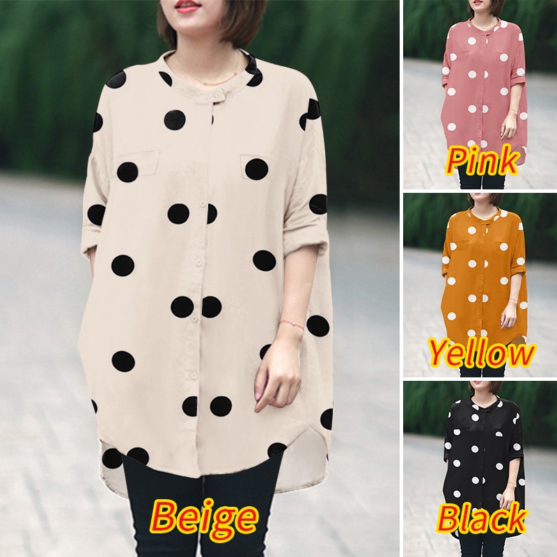 Áo sơ mi Zanzea cổ tròn tay lỡ họa tiết chấm bi thời trang phong cách retro cho nữ