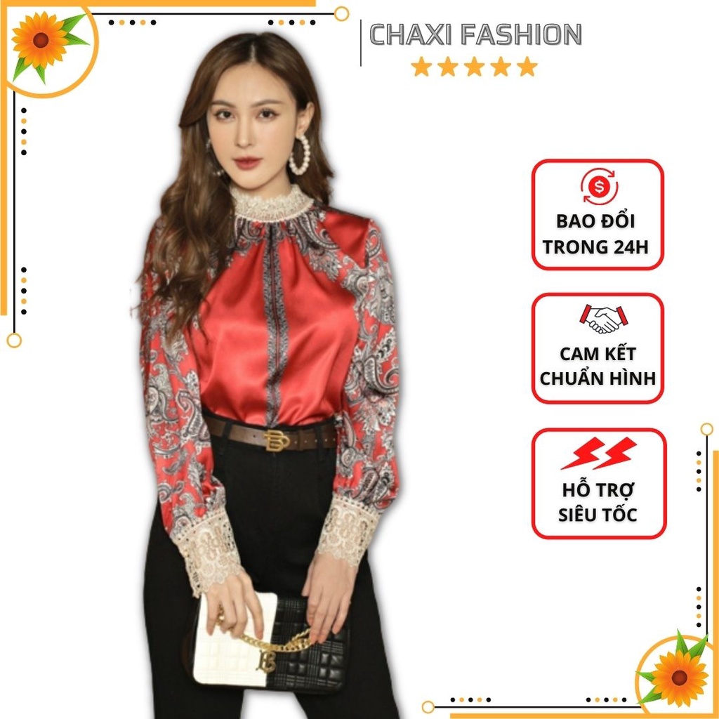 HÀNG NHẬP - ÁO SƠ MI LỤA ĐỎ HỌA TIẾT PHỐI REN CAO CẤP - KLCT53320