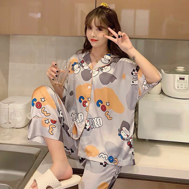 Bộ đồ ngủ pijama nữ cộc tay quần dài chất lụa Kate Thái mềm mịn màu tím nhạt hình bò sữa siêu cute - CD0054