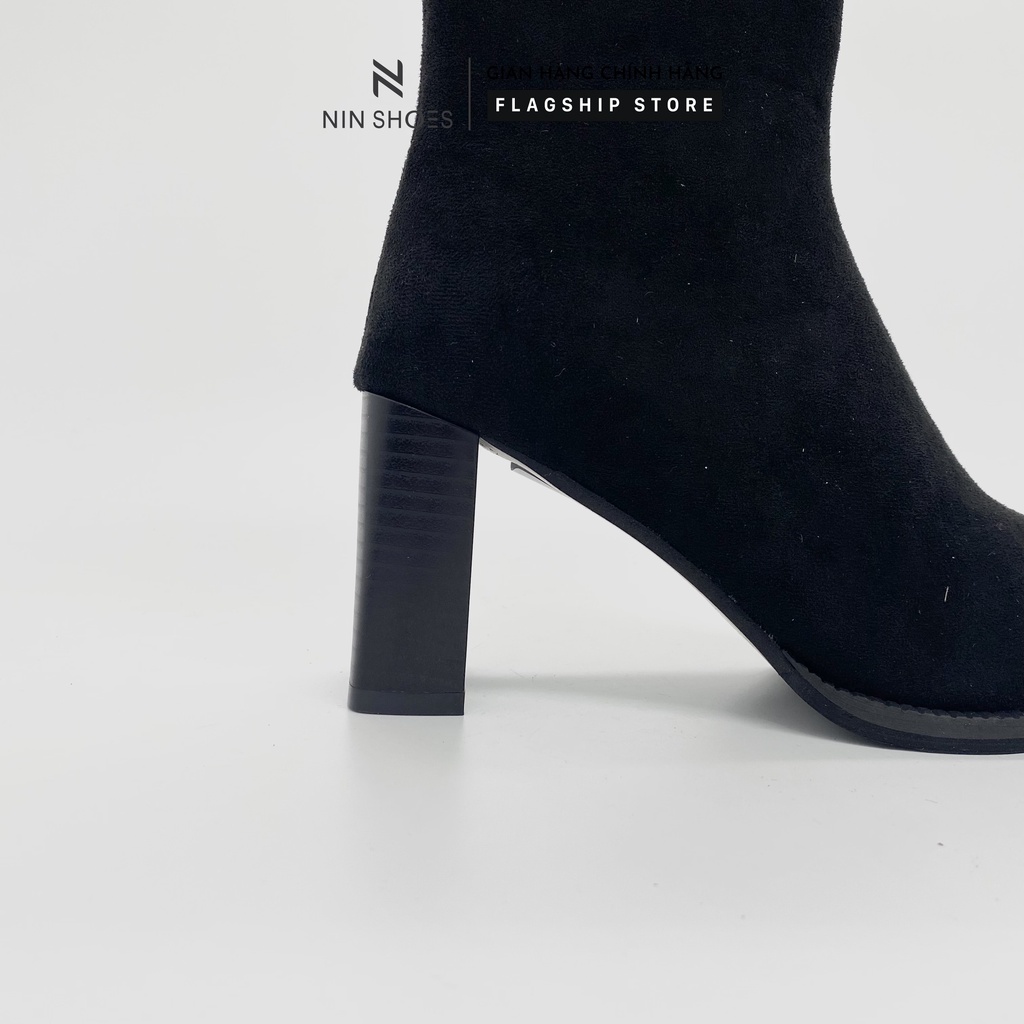 Giày Boot nữ 7p gót vuông mũi bọc sắt da lộn cao cổ Ninshoes | BigBuy360 - bigbuy360.vn