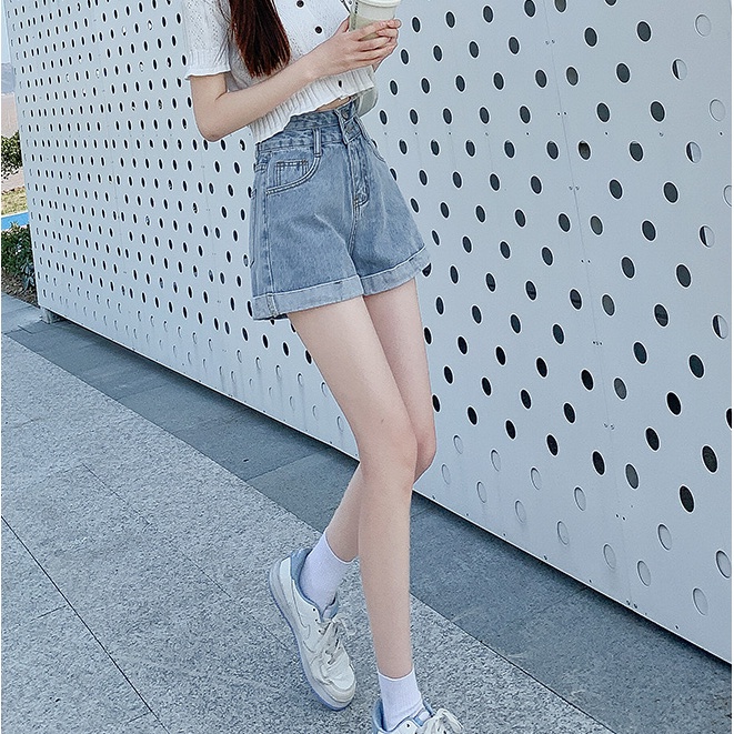 Quần Short Denim Lưng Cao Ống Rộng Thời Trang Hàn Quốc Cho Nữ