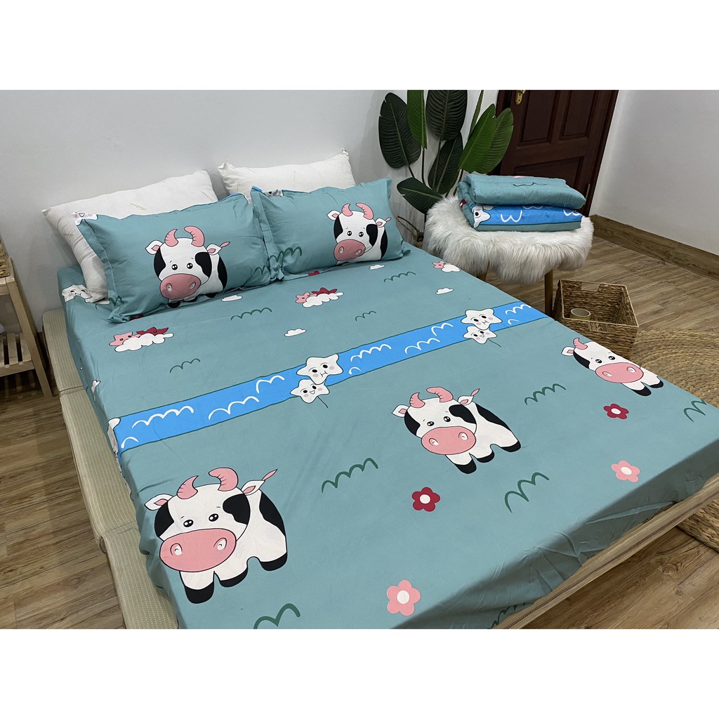 SET GA CHUN VÀ 2 VỎ GỐI NẰM COTTON POLY NGOCANHBEDDING HOT NHẤT HÈ 2021 MẪU BÒ SỮA XANH