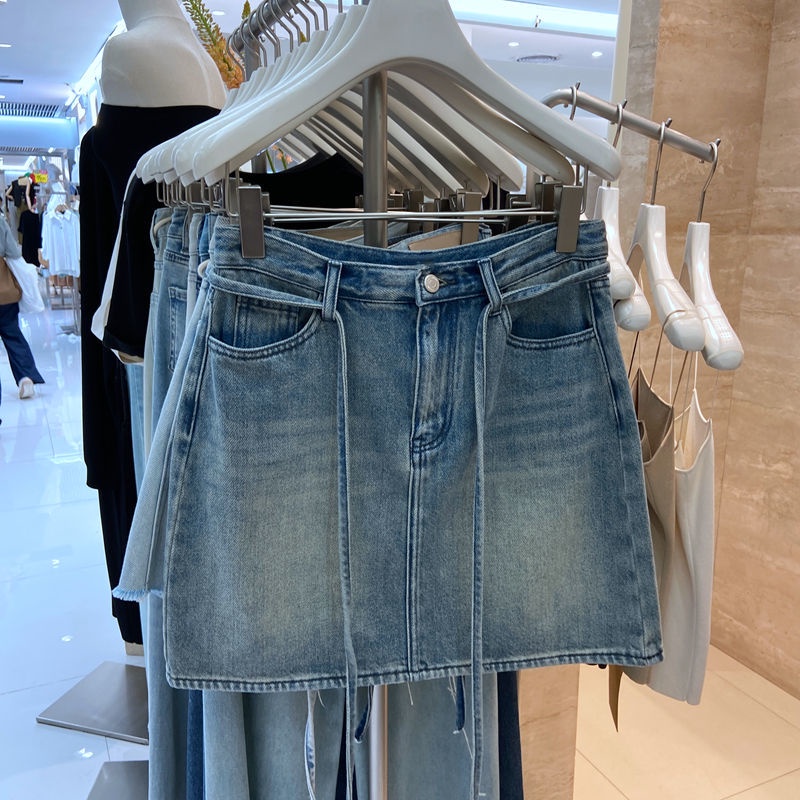 Jiashucheng Chân Váy Denim Chữ A Lưng Cao Thắt Dây Phong Cách Retro Mùa Hè Mỹ Hàng Mới 2023