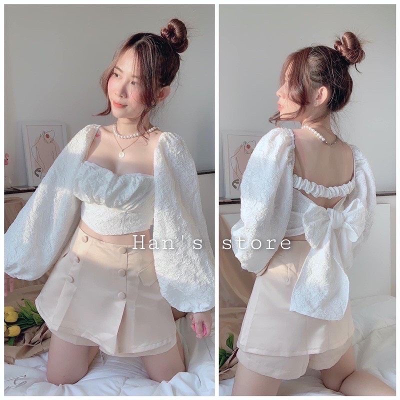 Áo Kiểu Tiểu Thư Tay Phông Cột Nơ Có Mút Chất Voan Xốp Xịn