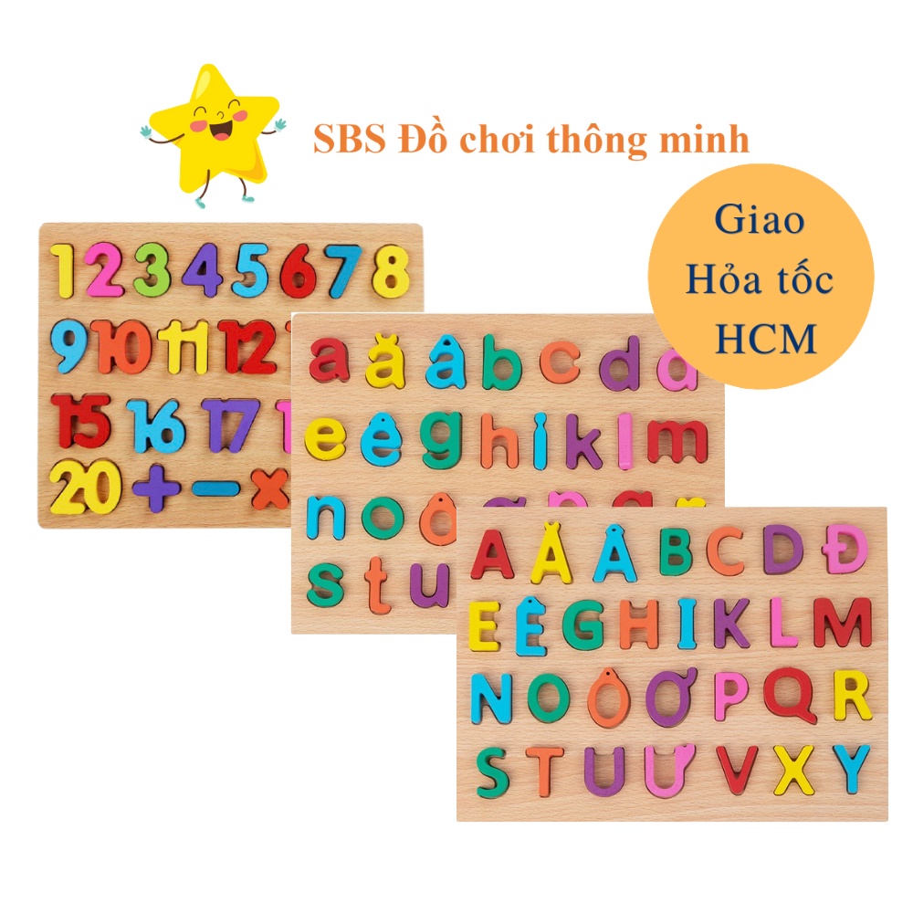 Bảng chữ cái hoa thường Tiếng Việt và bảng chữ số bằng gỗ cho bé