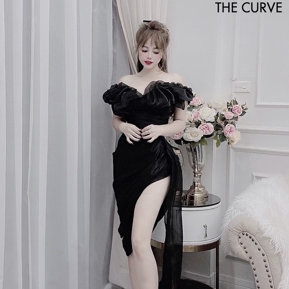 Đầm Dự Tiệc Body Trễ Vai Vải Tơ Organza Ánh Kim Xẻ Tà Nơ Eo, Váy Nữ Thiết Kế Sang Trọng, Kiểu Xoắn Bèo Ngực
