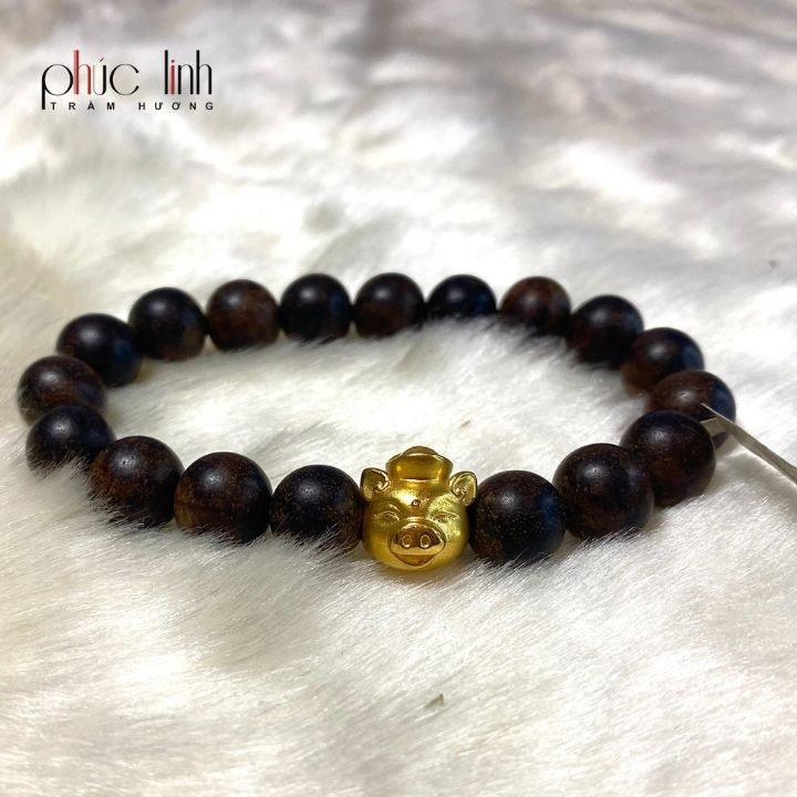 Vòng Tay Trầm Hương Mix Vàng-Charm Mặt Lợn Vàng 3.5 phân PHÚC LINH