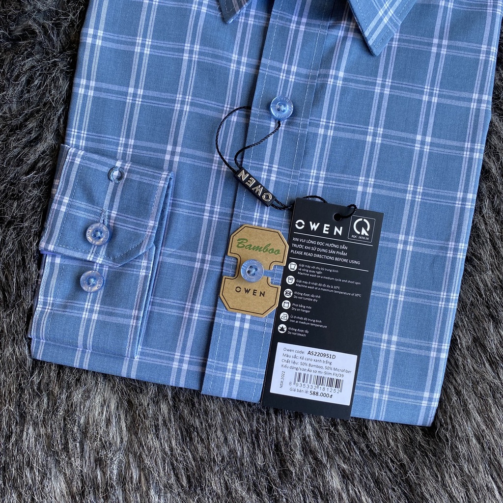 OWEN - Áo sơ mi dài tay Owen Slimfit chất sợi tre kẻ ca rô xanh  220951