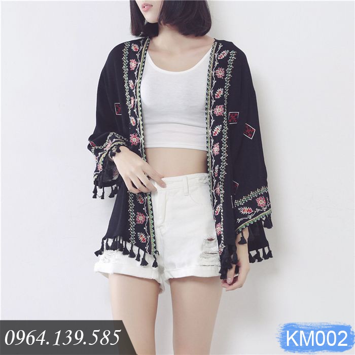 Áo khoác kimono voan ngắn đi biển, viền thổ cẩm mix họa tiết xinh, chất đẹp dày dặn, dáng tiện dùng | KM002 | KM006