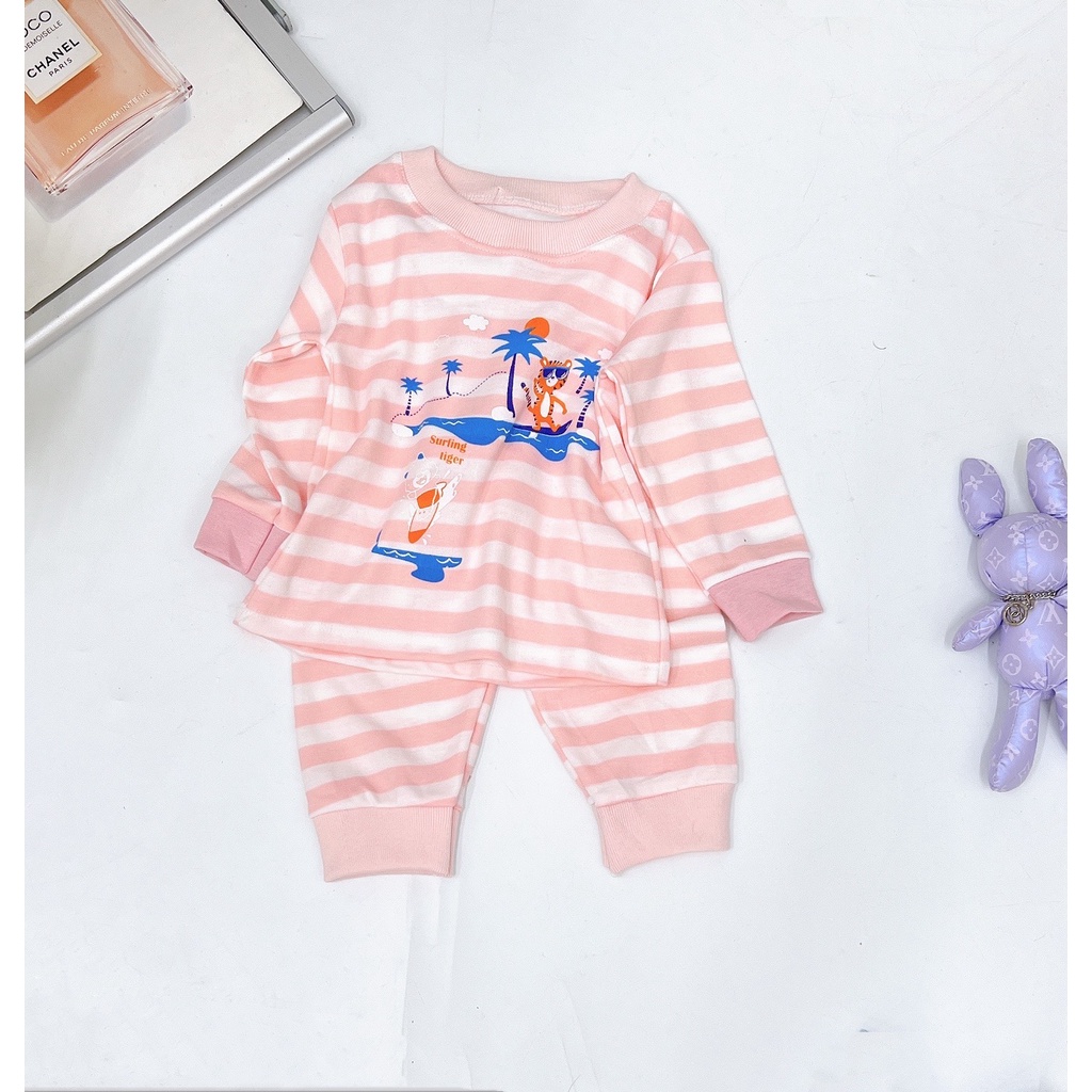 Bộ quần áo thu đông bé trai, bé gái, bộ nỉ cotton kẻ họa tiết dễ thương cho bé