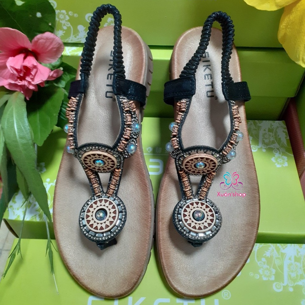 Sandal xỏ ngón Siketu quai đính họa tiết thổ cẩm, đế bằng chống trượt 3cm