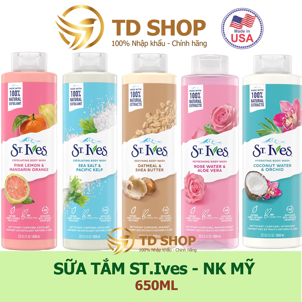 [NK Mỹ] Sữa tắm St.Ives 650ml Cam chanh I Yến Mạch I Muối biển I Hoa hồng tẩy tế bào chết nhập khẩu Mỹ - TD Shop