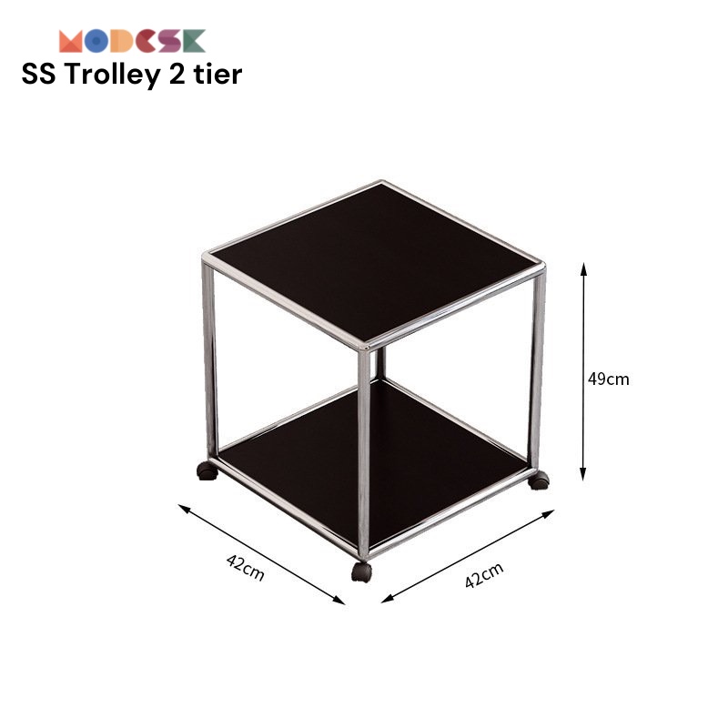 Modesk SS Trolley 2 tier inox 304, kính cường lực, khung thép không gỉ [phòng khách, phòng ngủ]