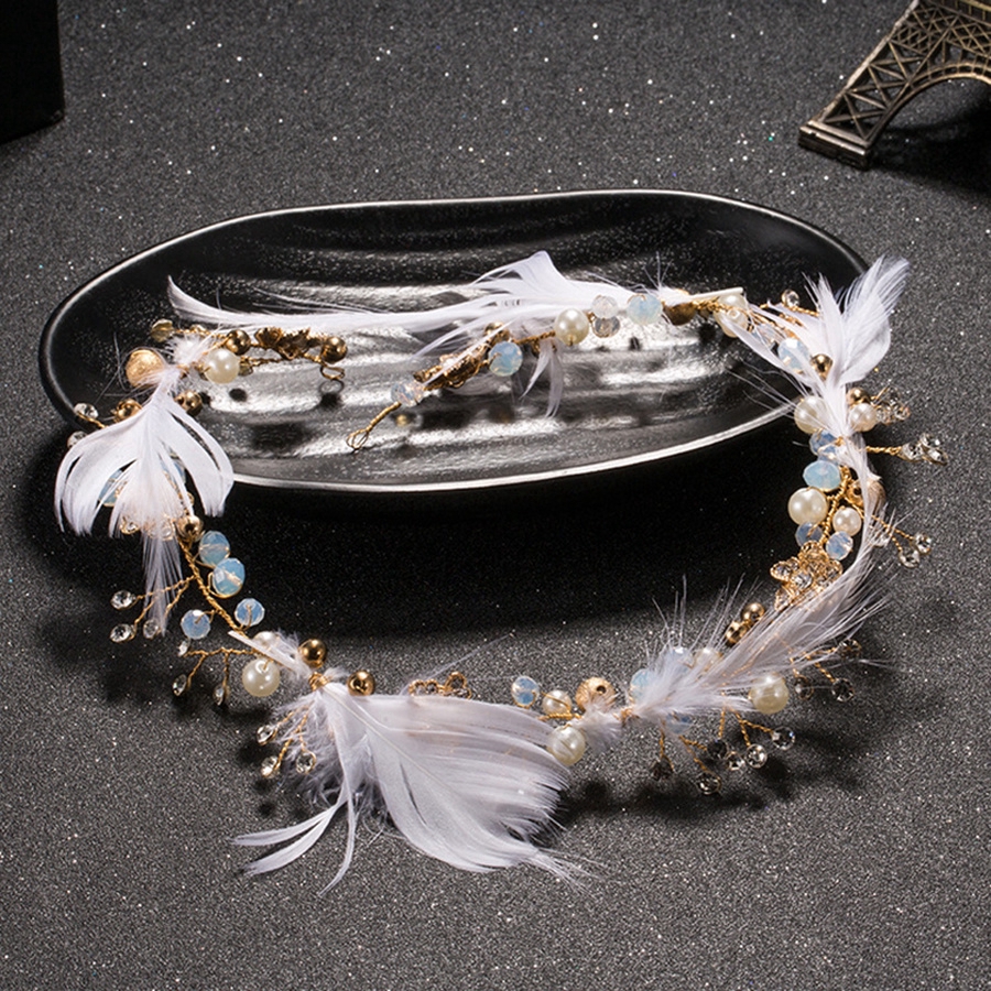 Băng đô đính ngọc trai giả và lông sang trọng thanh lịch phong cách Hàn Quốc cho cô dâu