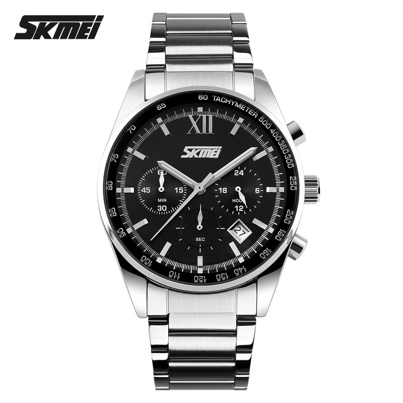 Đồng hồ nam SKMEI chạy 6 kim có lịch mặt tròn 41mm dây thép không ghỉ mặt kính chống xước, chống nước tuyệt đối 9096