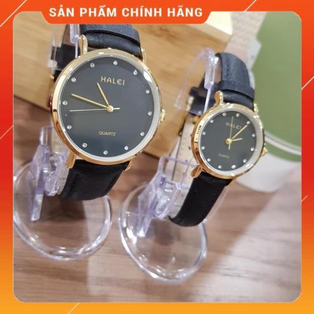 Hot!!! Đồng hồ đôi nam nữ Halei dây da đen mặt ngọc chính hãng Shop giá re