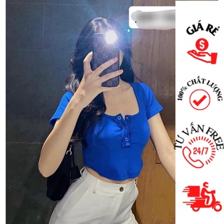 Áo croptop cổ vuông 3 nút nút bấm chất thun gân C30