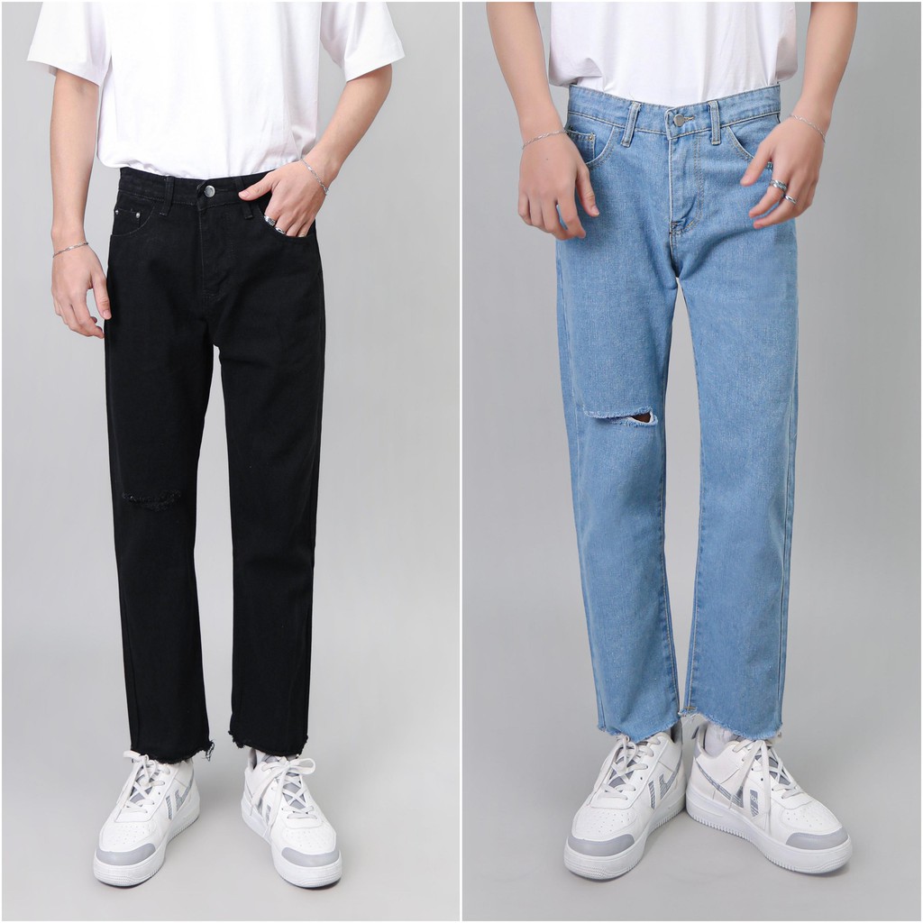 Quần Jean Nam Rách Gối MANDO Vải Bò Cao Cấp 2 Màu Xanh Đen Form Suông Rộng Basic Unisex Thời Trang Hàn Quốc QJN056