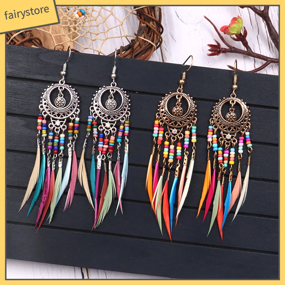 Bông Tai Móc Gắn Lông Vũ Phong Cách Bohemian Dành Cho Nữ