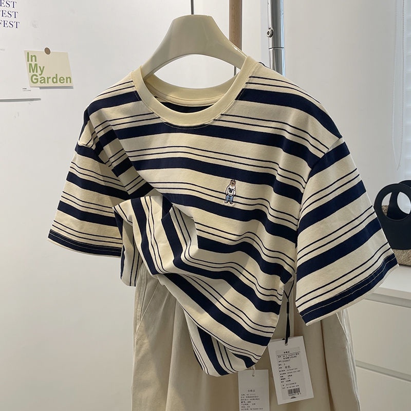 Áo Thun Tay Ngắn Dáng Rộng Thêu Họa Tiết Kẻ Sọc Đơn Giản Thời Trang Mùa Hè Phong Cách Hàn Quốc Mới Cho Nữ