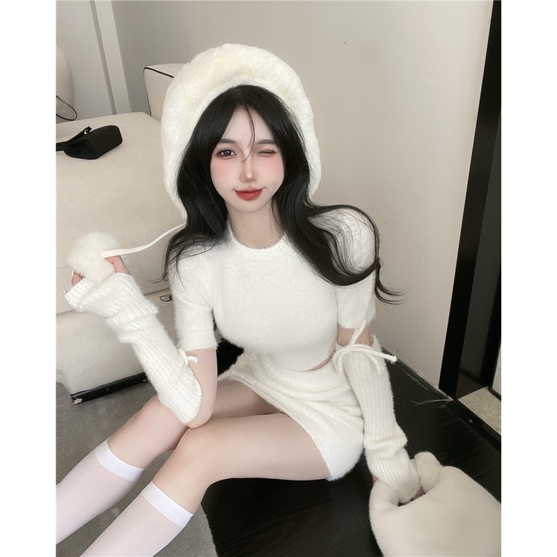 Set áo croptop tay ngắn kèm bao dài lông ấm thu đông noel giáng sinh len + váy ôm lưng cao dây rút cột ulzzang trắng kem