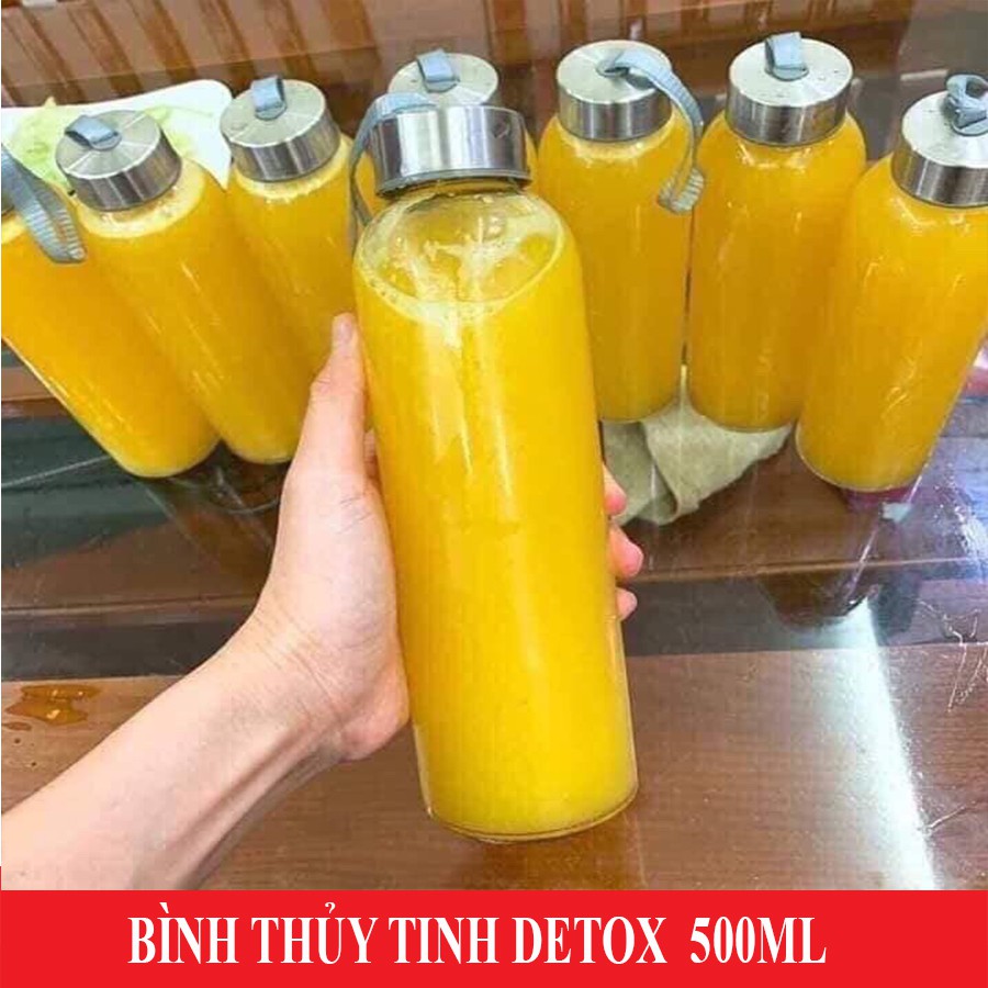 Bình nước thủy tinh, chai detox có dây xách 500ml