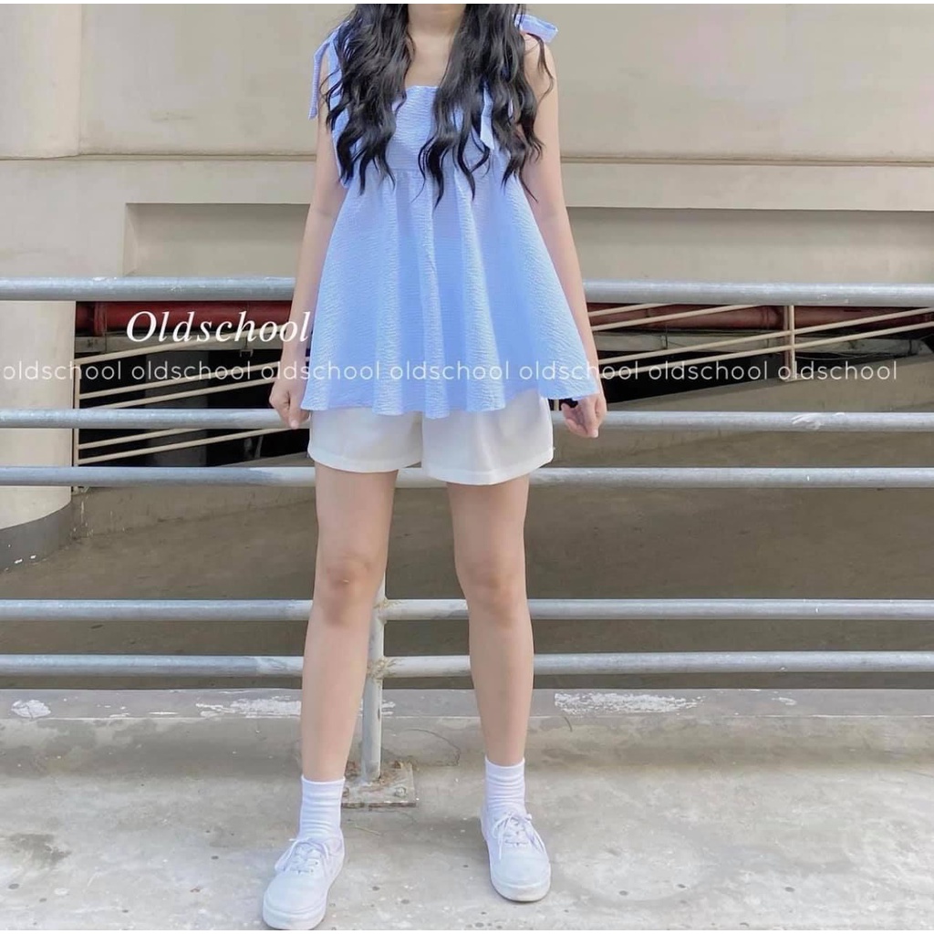 [ SET 2 MÓN] Áo 2 dây buộc nơ kẻ caro kèm Short trắng