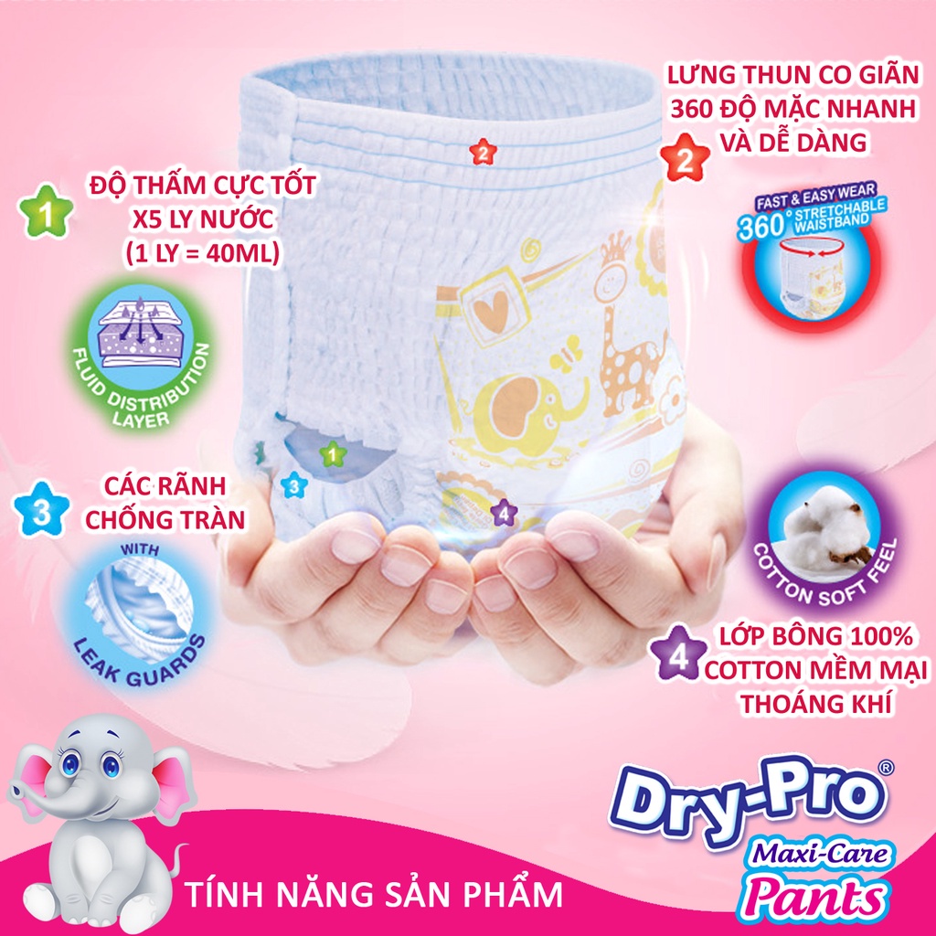 Tã/bỉm quần Dry-Pro siêu thấm hút nhập khẩu Malaysia size XXL36 (15kg - 25kg) - Gói 36 miếng