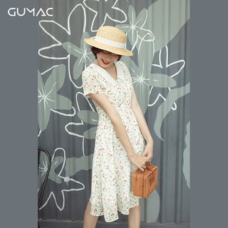 Đầm hoa lá cổ trắng GUMAC DA9116_KEM