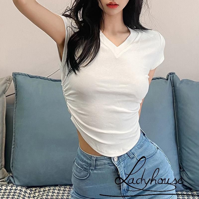 Áo Thun Crop Top Tay Ngắn Cổ Chữ V Màu Trơn Thời Trang Mùa Hè Cho Nữ