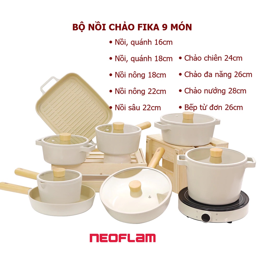 [Chính hãng Neoflam] Bộ 9 món nồi chảo chống dính, bếp từ Fika Neoflam - Hàn Quốc. Hàng có sẵn, giao ngay