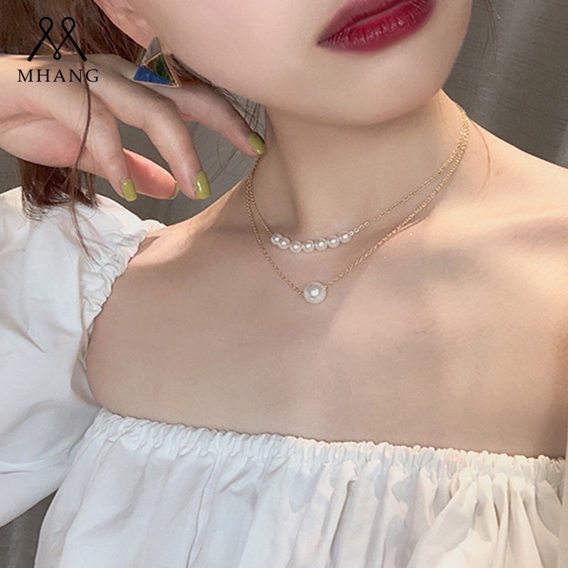 Vòng cổ Hai Lớp Bằng Kim Loại Mỏng Đính Ngọc Trai Thời Trang Phong Cách Hàn Quốc Dành Cho Nữ